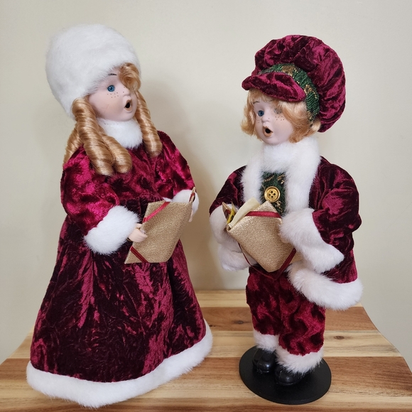 Red Velvet Velour Victorian Girl and Boy Christmas Caroler Set Christmas Decor - Picture 2 of 11